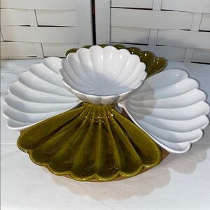 California Pottery Lazy Susan Serving Dish Art Deco Mid Century Green White